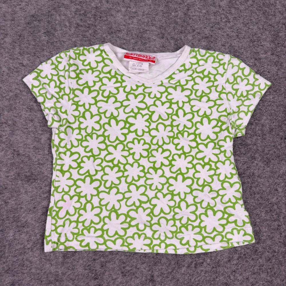 Marimekko Floral T-Shirt Girls Size 4 Green White Flower Potatoes 90s Preppy USA